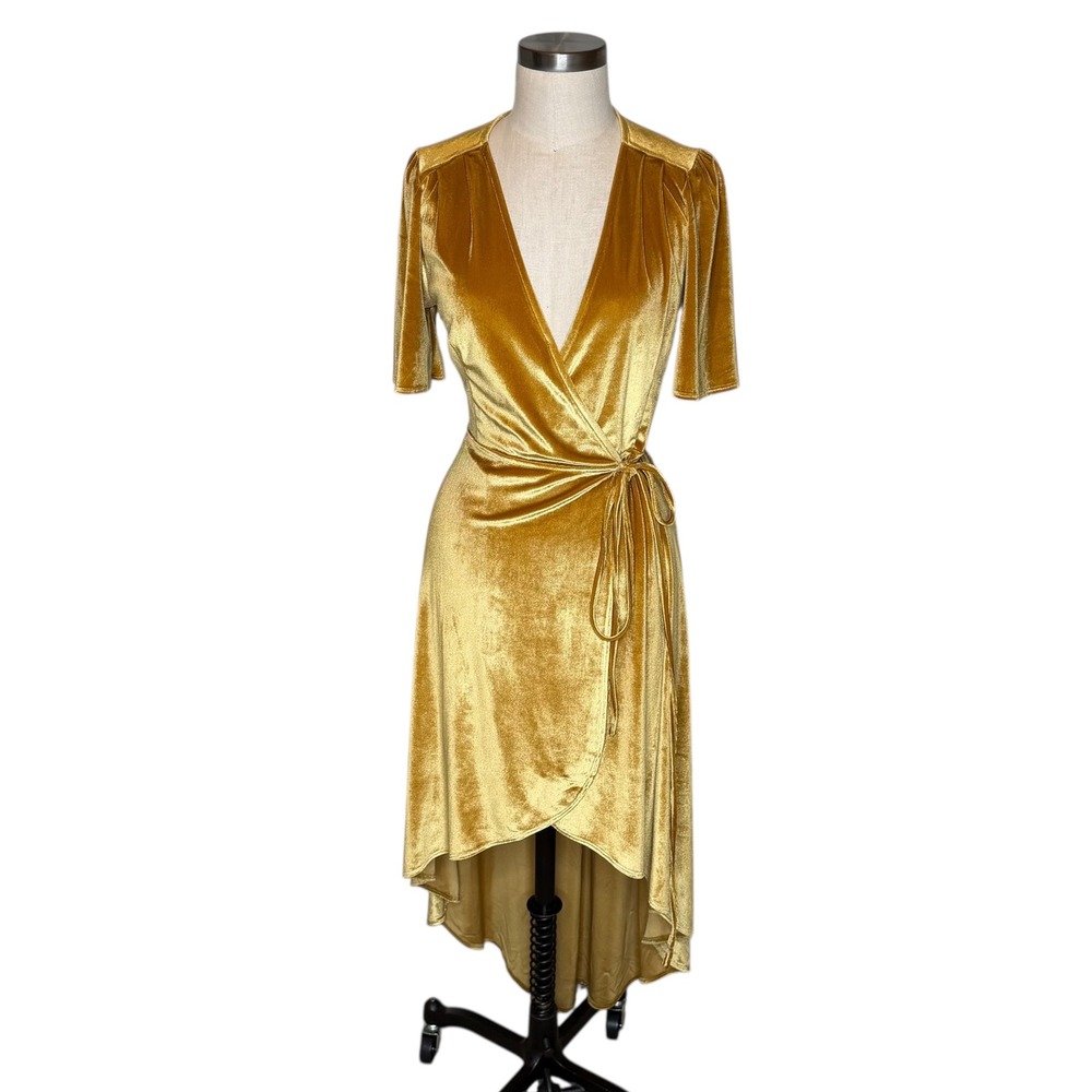 Lulu's Gold Velvet High-Low Wrap Dress